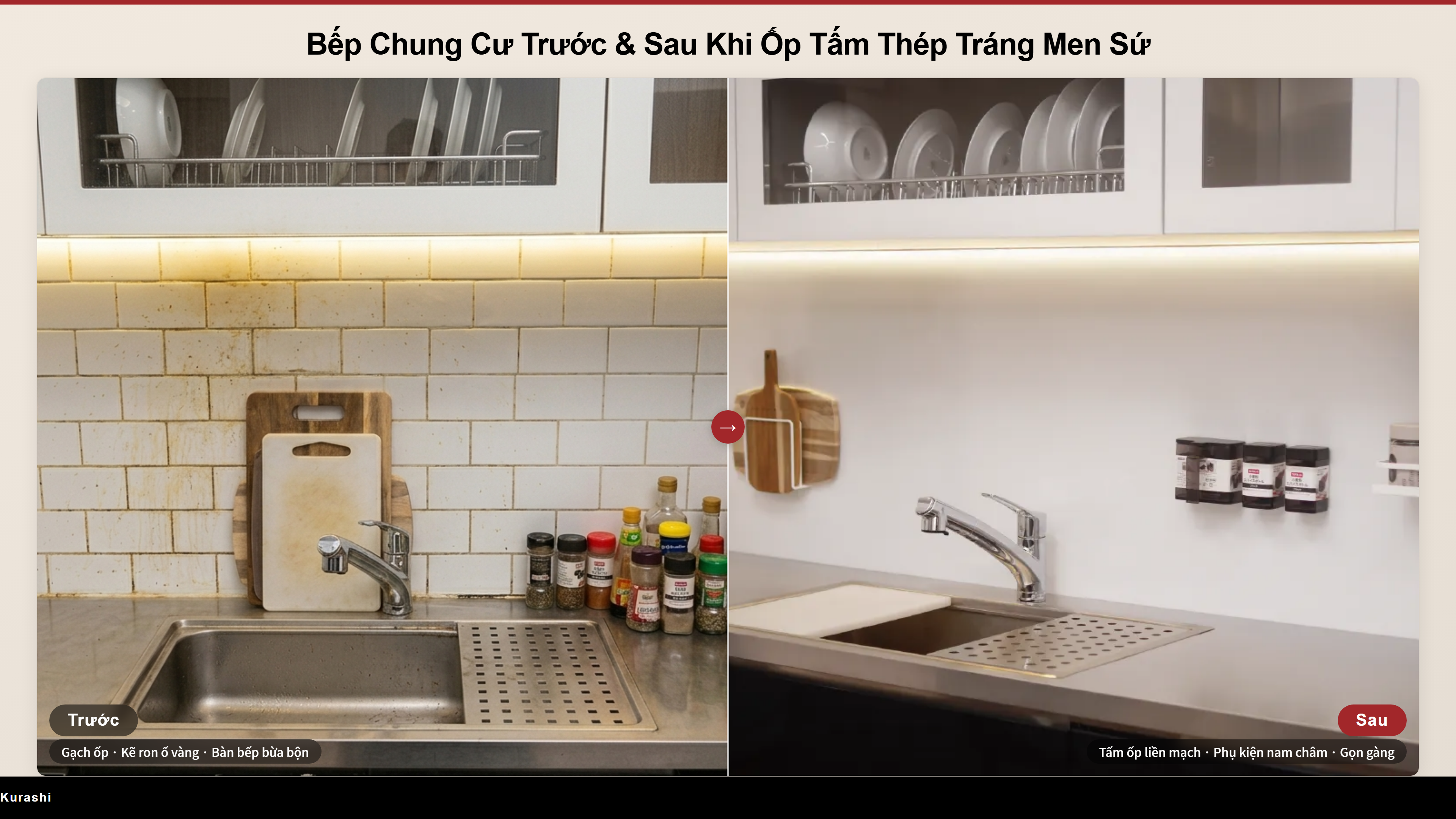 So sánh bếp chung cư 4m² ốp gạch có kẽ ron và tấm ốp thép tráng men sứ liền mạch Kurashi